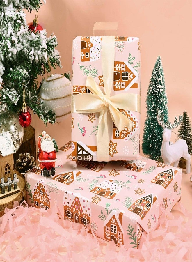Bolsome 12 Sheets Christmas Wrapping Paper Pink Gingerbread House Snowflake Folded Flat Gift Wrap Paper for Winter Christmas DIY Crafts Gift Wrapping, 20" x 28" (Gingerbread House) - Image 4